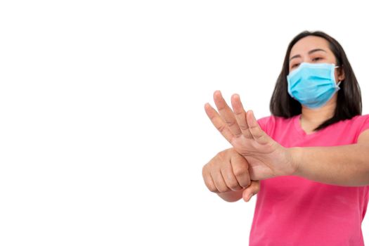 During the coronavirus (COVID-19) epidemic, A woman washing her hands with alcohol gel isolated on white background