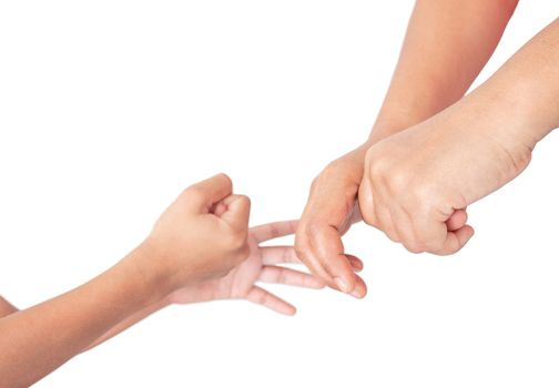 Mother teaches children to wash their hands with alcohol gel isolated on white background.