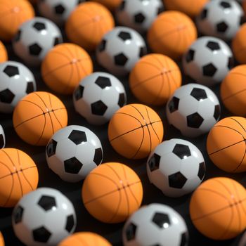 Repeating sports ball pattern with black background, 3d rendering. Computer digital drawing.