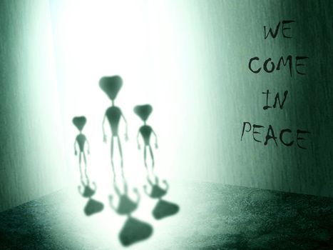 Illustration.The meeting of the third kind. Three aliens silhouettes with bright light in the background. Inscription: we come in peace on the wall.
