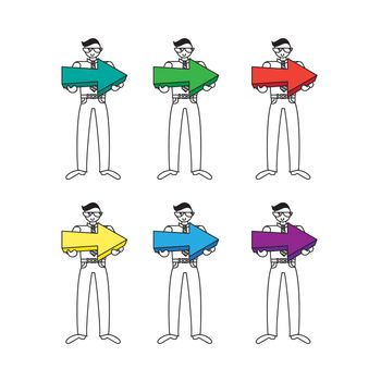 Employee or manager with big arrow in hands. Human with pointer. Vector