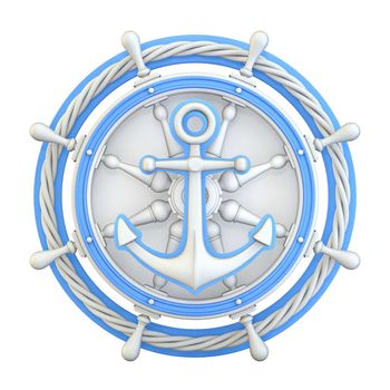 Anchor, ship wheel and rope 3D render illustration isolated on white background