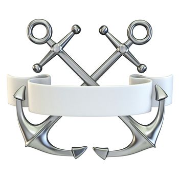 Two crossed anchors with white ribbon 3D render illustration isolated on white background