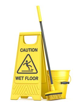 Yellow wet floor sign 3D render illustration isolated on white background