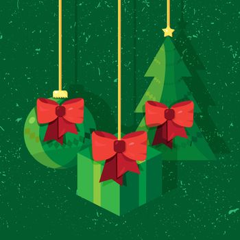 Hand written lettering of Merry Christmas text for greeting card in grunge and vintage style with toy, fir and gift. Vector