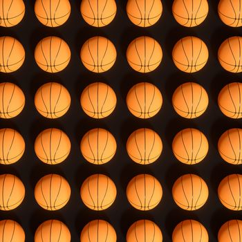 Repeating sports ball pattern with black background, 3d rendering. Computer digital drawing.