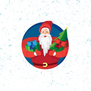 Merry Christmas greeting with Santa Claus or Father Frost with gift and fir in hands. Vector