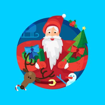 Merry Christmas greeting with Santa Claus or Father Frost with gift and fir in hands and cheerful deer. Vector