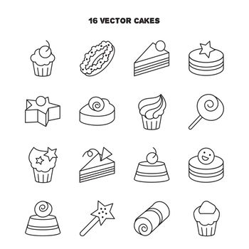 Collection of bakery and cake icons. Candy, sweet set. Vector