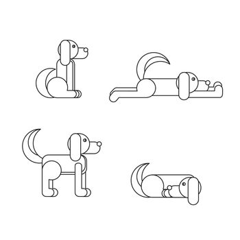 Dog in sitting, standing, sleeping and lying positions. Vet symbol. Delivery icon. Vector