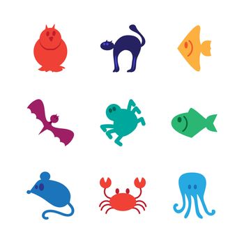 Animals icons set from mammal, fish, bird and insect. Vector