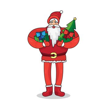Merry Christmas greeting with Santa Claus or Father Frost with gift and fir in hands. Vector