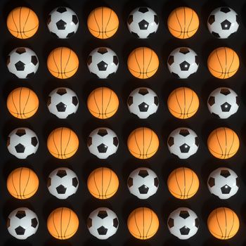 Repeating sports ball pattern with black background, 3d rendering. Computer digital drawing.