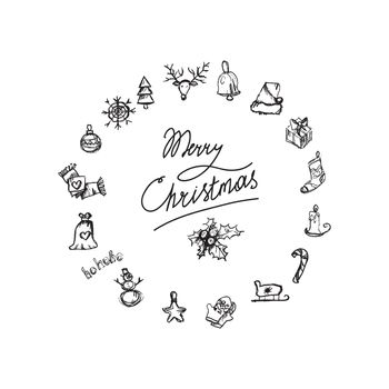 Merry Christmas icons in view wreath. Happy new year symbols. Winter holiday signs. Vector