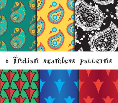 Seamless indian patterns set and asian ornaments. Vector