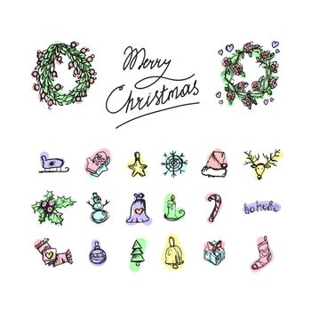 Merry Christmas icons. Happy new year symbols. Winter holiday signs. Vector