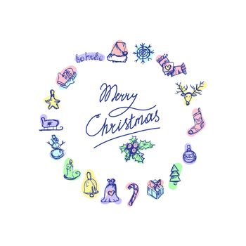 Merry Christmas icons in view wreath. Happy new year symbols. Winter holiday signs. Vector