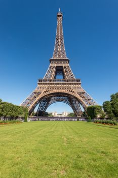 Paris, France - 23 June 2018: Eiffel Tower from the Champ de Mars gardens in summer.