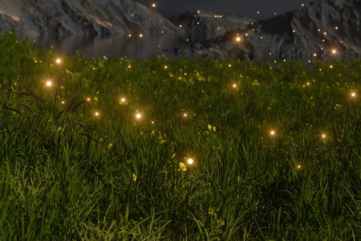 Flying glowworm over the grass field, 3d rendering. Computer digital drawing.