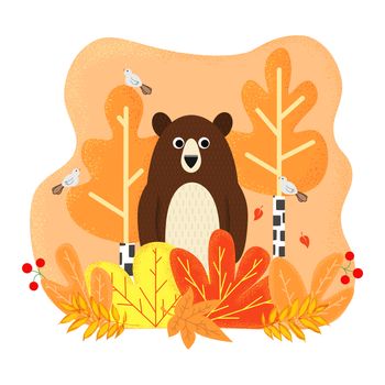 Seasons with flat design. Cute cartoon bear in autumn birch forest with singing birds.