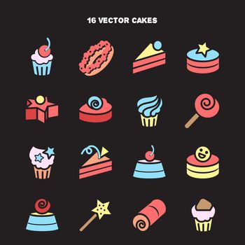 Collection of bakery and cake icons. Candy, sweet set. Vector