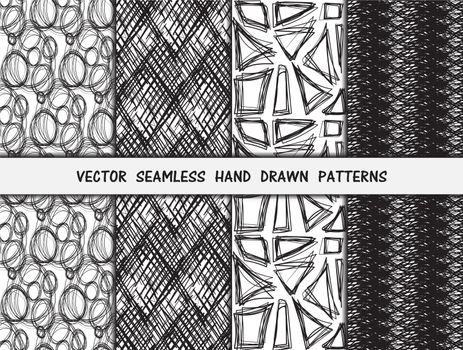 Hand drawn seamless patterns set, scribble style. Vector