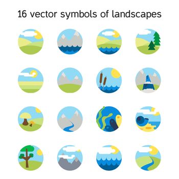 Landscape icons collection. Nature symbols and paysages in round form. Vector