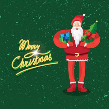 Merry Christmas greeting with Santa Claus or Father Frost with gift and fir in hands. Vector