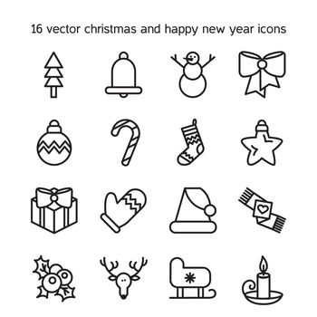 Merry Christmas icons set. Happy new year symbols. Winter holiday signs. Vector