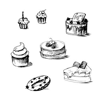 Illustration of cakes by sketch, bakery sticker. Candy, sweet banner. Vector