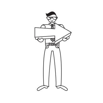 Employee or manager with big arrow in hands. Human with pointer. Vector