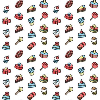 Seamless pattern of bakery and cake icons. Candy, sweet set. Vector