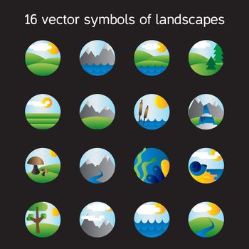 Landscape icons collection. Nature symbols and paysages in round form. Vector