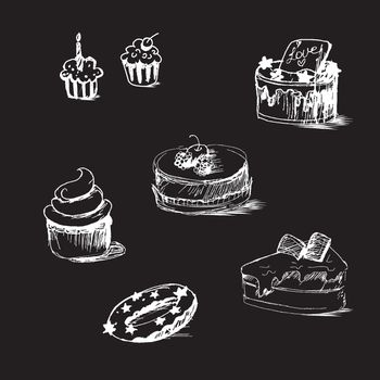 Illustration of cakes by sketch, bakery sticker. Candy, sweet banner. Vector