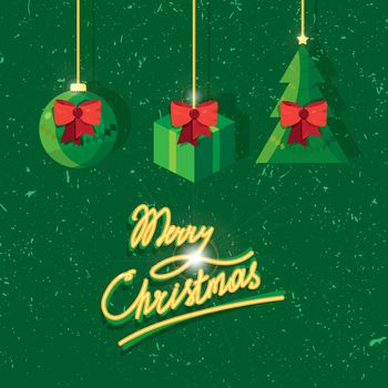 Hand written lettering of Merry Christmas text for greeting card in grunge and vintage style with toy, fir and gift. Vector