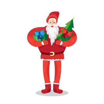 Merry Christmas greeting with Santa Claus or Father Frost with gift and fir in hands. Vector