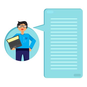 Employee with notebook. Programmer or admin with PC. Thinking list. Template or blank with job concept. Vector