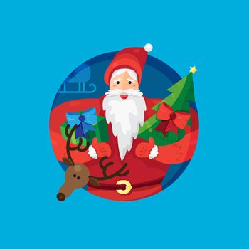 Merry Christmas greeting with Santa Claus or Father Frost with gift and fir in hands and cheerful deer. Vector