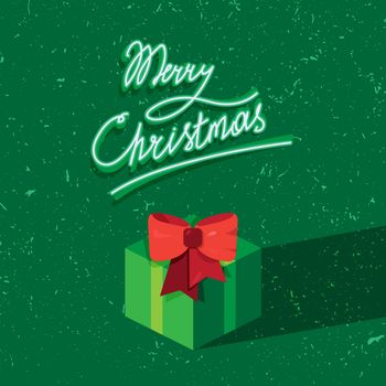 Hand written lettering of Merry Christmas text for greeting card in grunge and vintage style with gift. Vector