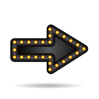 Electronic glowing neon arrow with lamps. Bar, party or holiday pointer. Vector