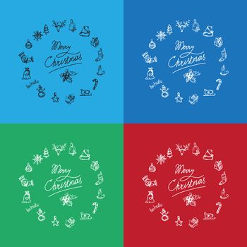 Merry Christmas icons in view wreath. Happy new year symbols. Winter holiday signs. Vector