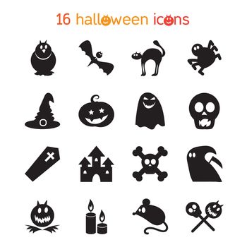 Halloween icons set from animals, skull, bones and magic attributes for web and stickers. Vector