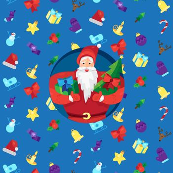 Merry Christmas greeting with Santa Claus or Father Frost with gift and fir in hands. Vector