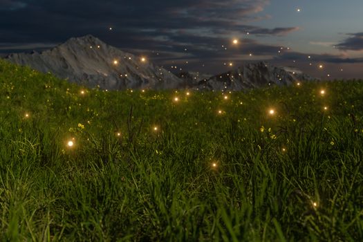 Flying glowworm over the grass field, 3d rendering. Computer digital drawing.