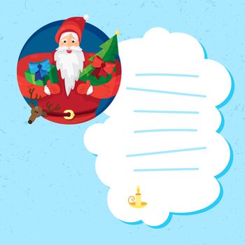 Merry Christmas greeting with Santa Claus or Father Frost with gift and fir in hands and cheerful deer. Vector