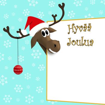 Illustration. Christmas reindeer in red cap with christmas decoration on antler near sign saying: Hyvää joulua with snowflakes on light blue background.