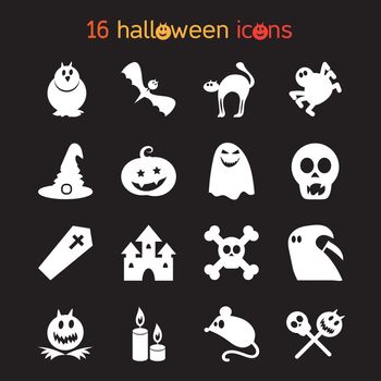 Halloween icons set from animals, skull, bones and magic attributes for web and stickers. Vector