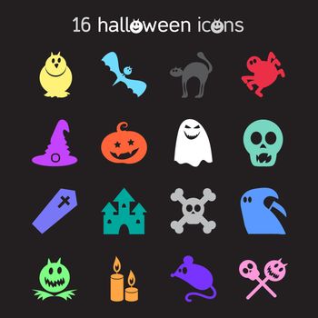 Halloween icons set from animals, skull, bones and magic attributes for web and stickers. Vector