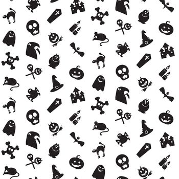 Halloween icons seamless pattern from animals, skull, bones and magic attributes for web and stickers. Vector