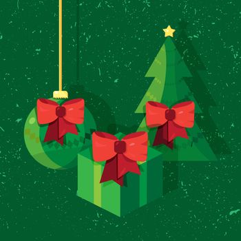 Hand written lettering of Merry Christmas text for greeting card in grunge and vintage style with toy, fir and gift. Vector